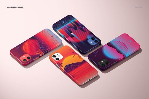 Glossy iPhone 12 snap case mockup set with retro-inspired geometric artwork, arranged diagonally on a pale surface.