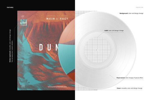 Front view of a vinyl record and cover mockup with multi-color segments effect, shown on a split black and white background.