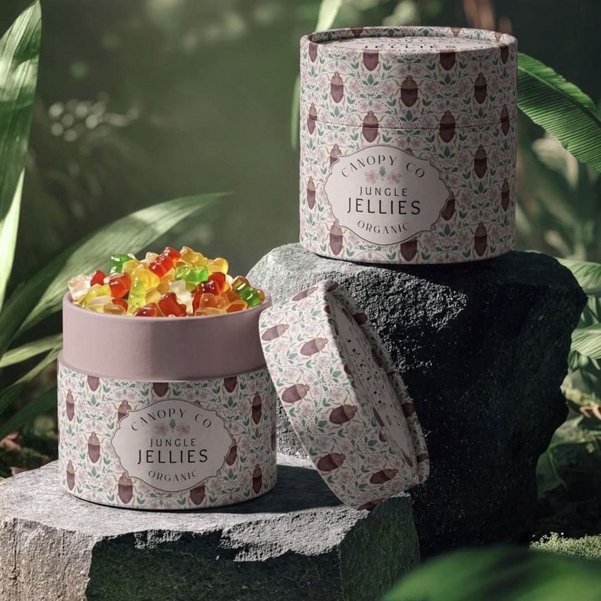 Paper tube packaging mockup for food products, featuring colorful gummy candies and botanical patterns in a jungle setting.