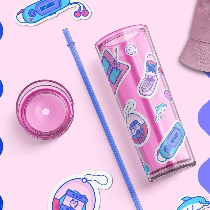 Double-wall acrylic tumbler mockup with retro digital stickers, shown disassembled with lid and straw on a pastel pink background.