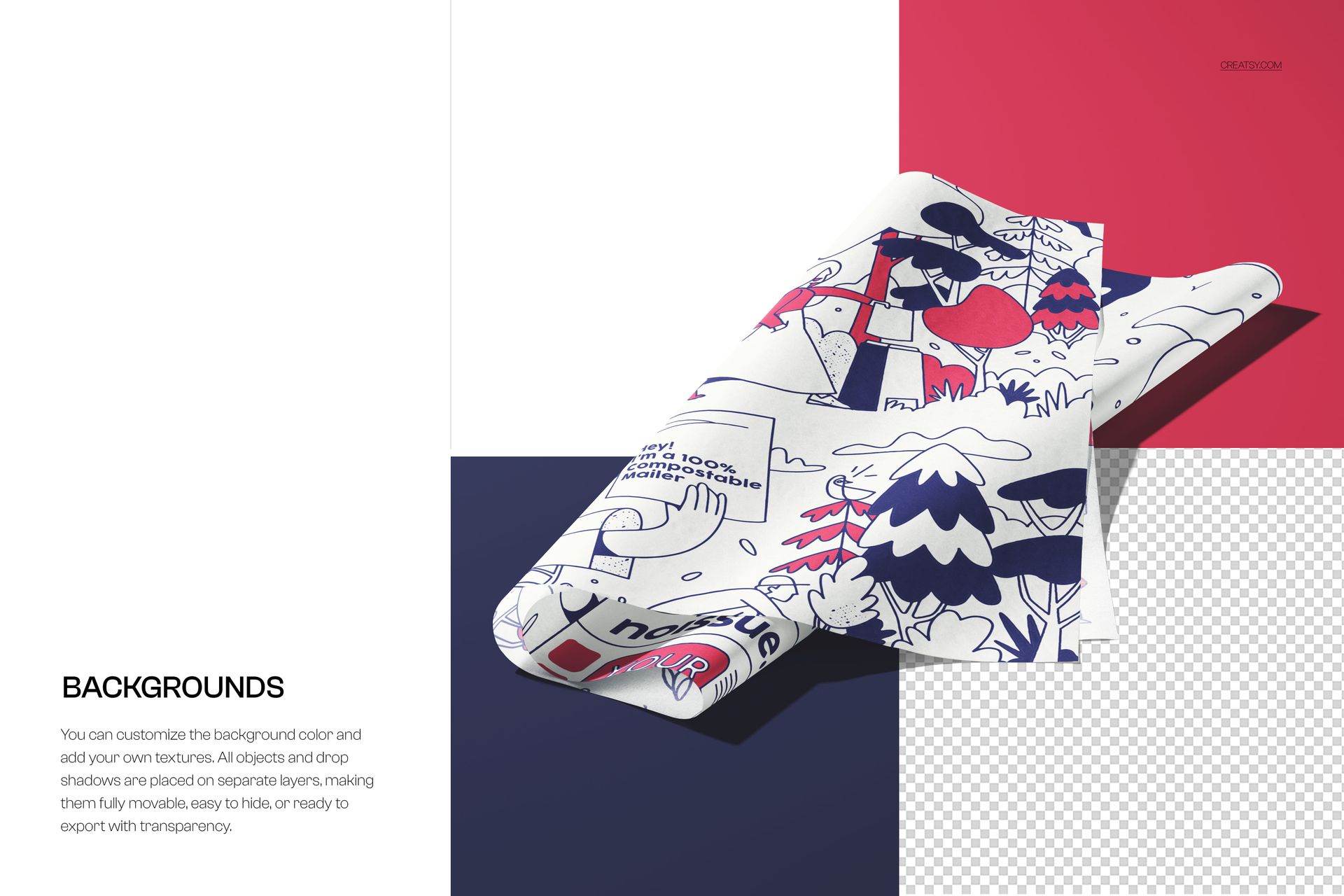 Folded tissue paper mockup featuring whimsical graphics, soft shadows, and creases on a color-blocked surface.