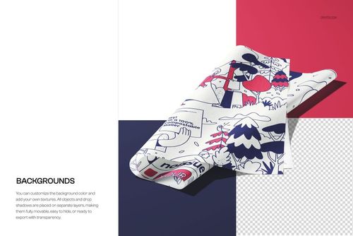 Folded tissue paper mockup featuring whimsical graphics, soft shadows, and creases on a color-blocked surface.