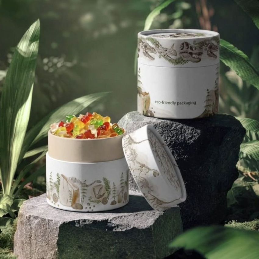 Paper tubes packaging mockup featuring illustrated jungle animals and plants, displayed on rocks with gummy candies inside.