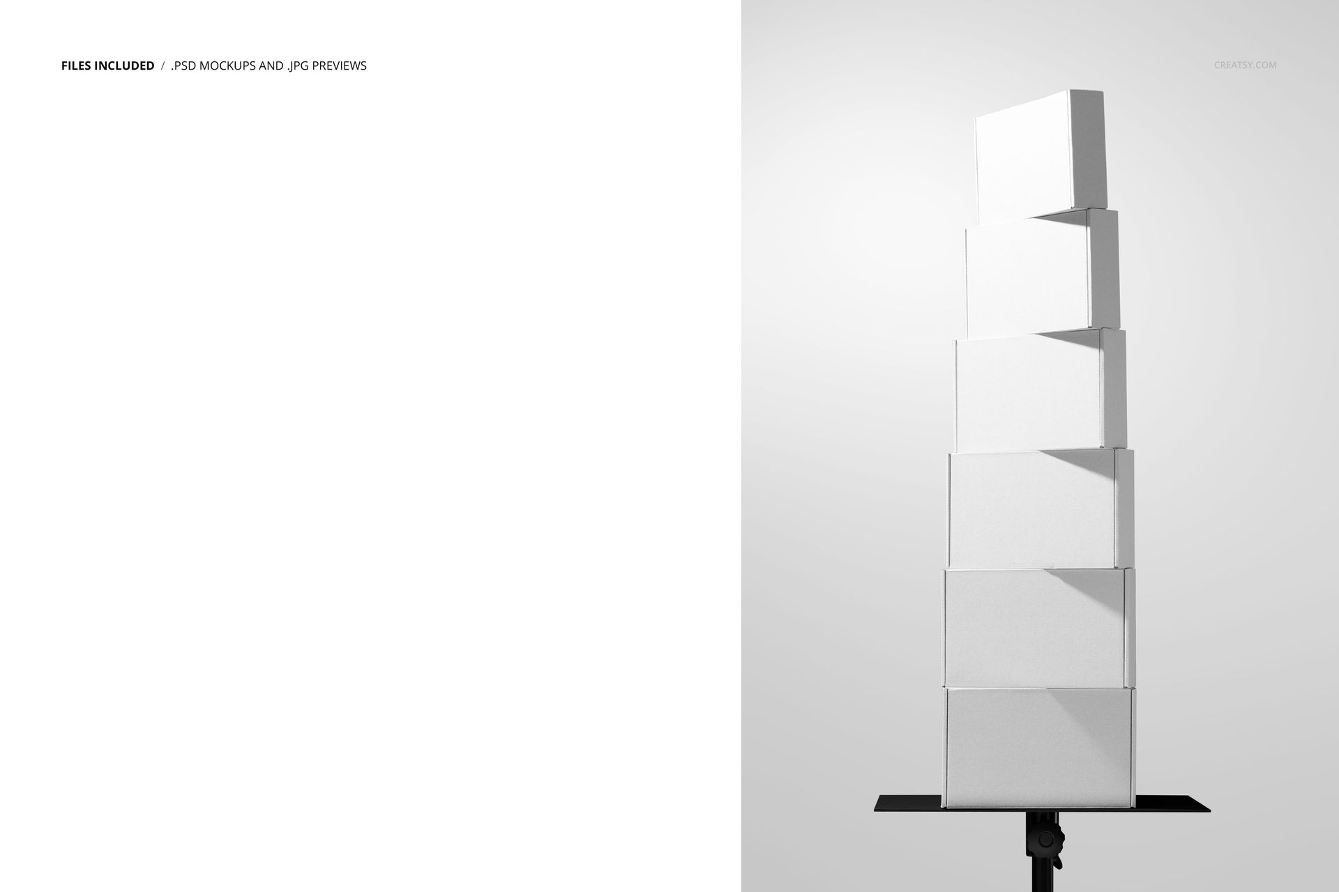 PSD mockup of a mailing box tower featuring six plain white boxes stacked on a black base, with a minimal light backdrop.