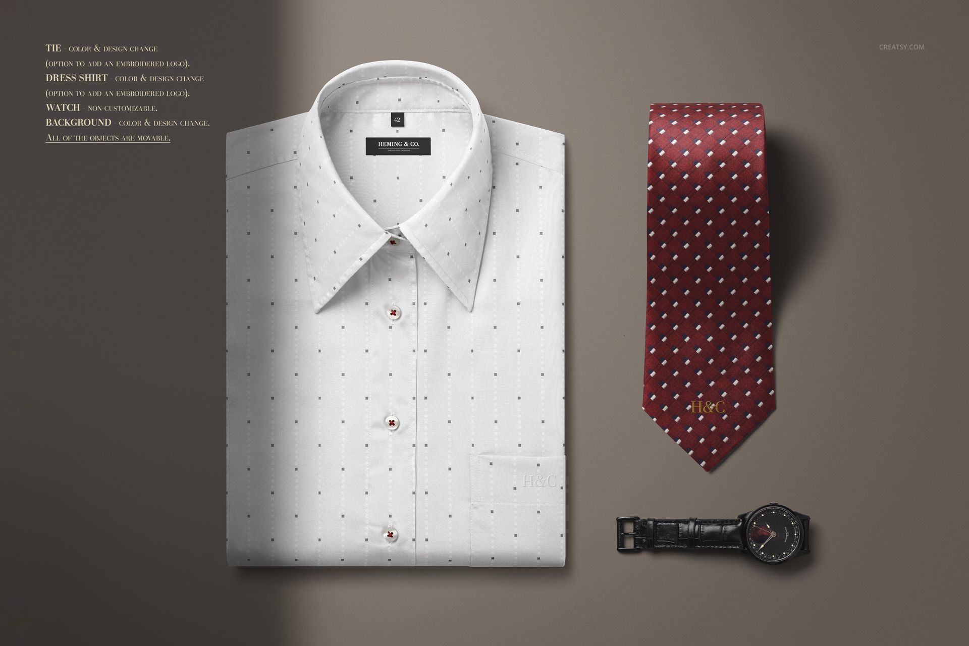 Men's apparel PSD mockup showing a tailored white shirt, burgundy tie with geometric pattern, and a classic black watch.