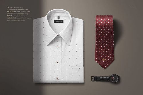 Men's apparel PSD mockup showing a tailored white shirt, burgundy tie with geometric pattern, and a classic black watch.