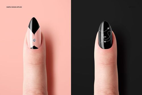 PSD mockup showing two single nails, each decorated with unique patterns, displayed on contrasting backgrounds.