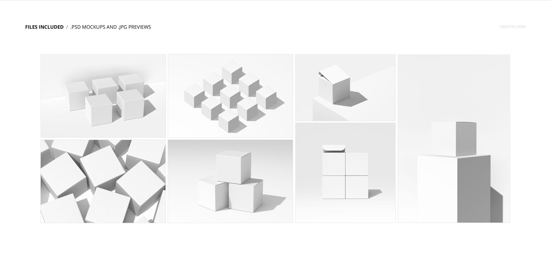 Square box mockup set featuring multiple white boxes arranged in various groupings and angles on a plain background.