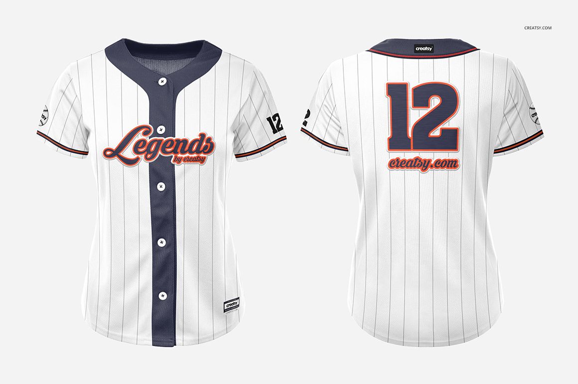 Front and back view of a women's baseball jersey mockup with vertical pinstripes, navy accents, and embroidered details.