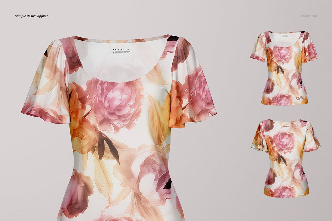 PSD mockup of a women's blouse with wavy sleeves, displaying a soft floral print and shown from two different angles.
