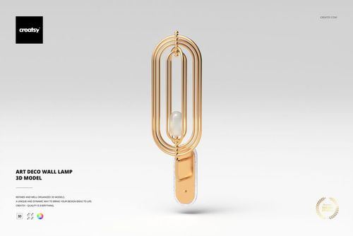 Front view of an art deco wall lamp 3D model with gold metallic oval rings and a central pearl-like sphere.