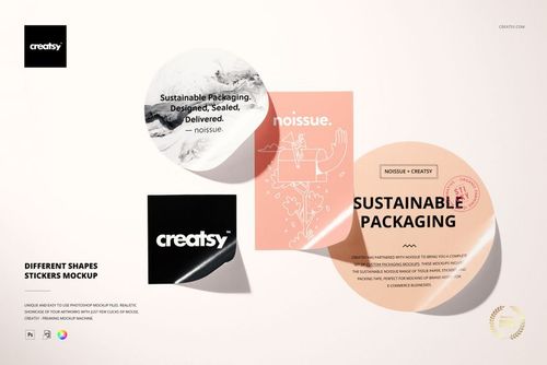 PSD mockup of multiple stickers in distinct shapes and pastel colors arranged on a neutral background with packaging motifs.