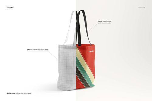 Front view of a tote bag mockup with one half in grayscale grid and the other half in colorful diagonal stripes, set against a light background.