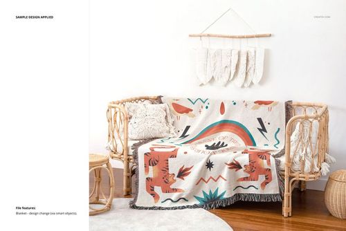 Boho style jacquard blanket mockup featuring abstract designs on a sofa, with neutral decor and wall hanging.