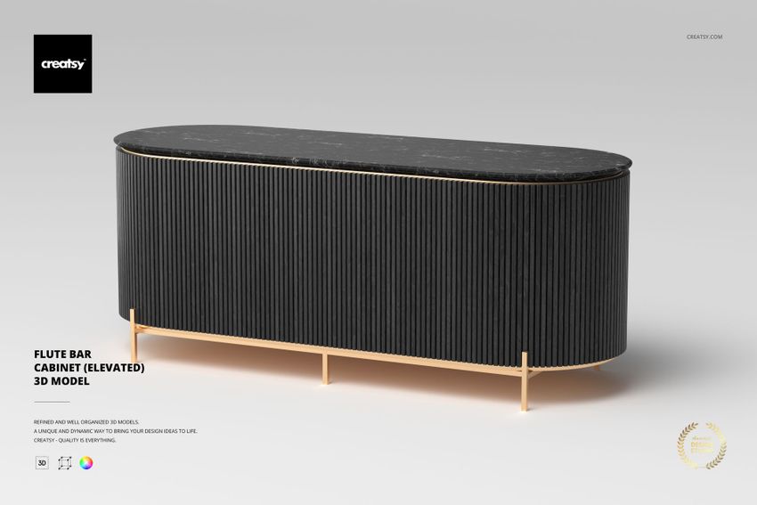 Modern flute bar cabinet with a black ribbed front, rounded edges, and gold metal legs, shown from a front angle on a light background.