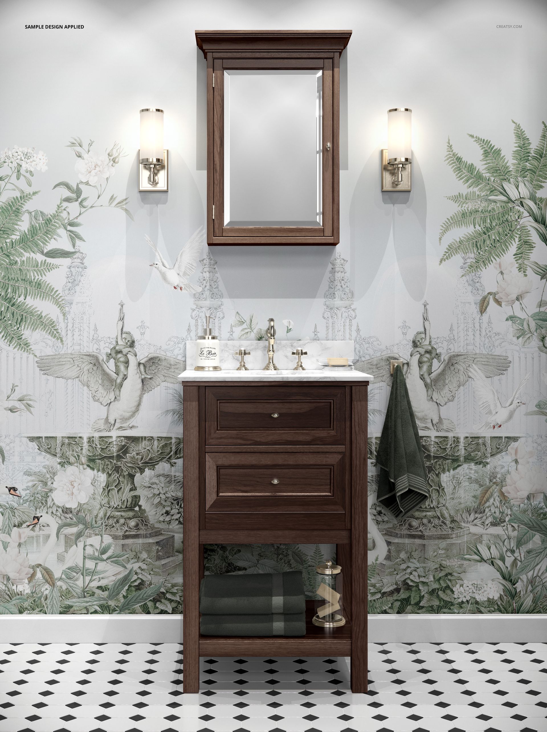 Front view of a small classic bathroom mockup with botanical wallpaper, wooden vanity, and wall lamps.