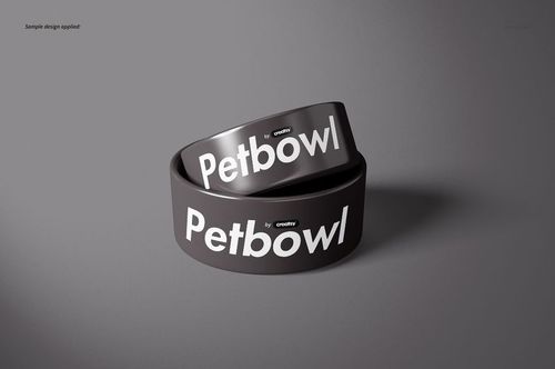 Stacked pet bowls with a matte dark gray color and large white text, displayed in a realistic PSD mockup scene.