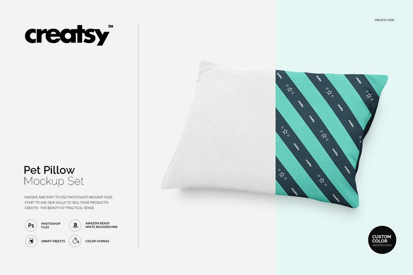 Rectangular pet pillow mockup with one half in solid white and the other half in teal with diagonal stripes, front view.