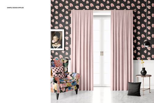 PSD mockup showing soft pink velvet pencil pleat curtains on a large window, with floral wallpaper and patterned chair.