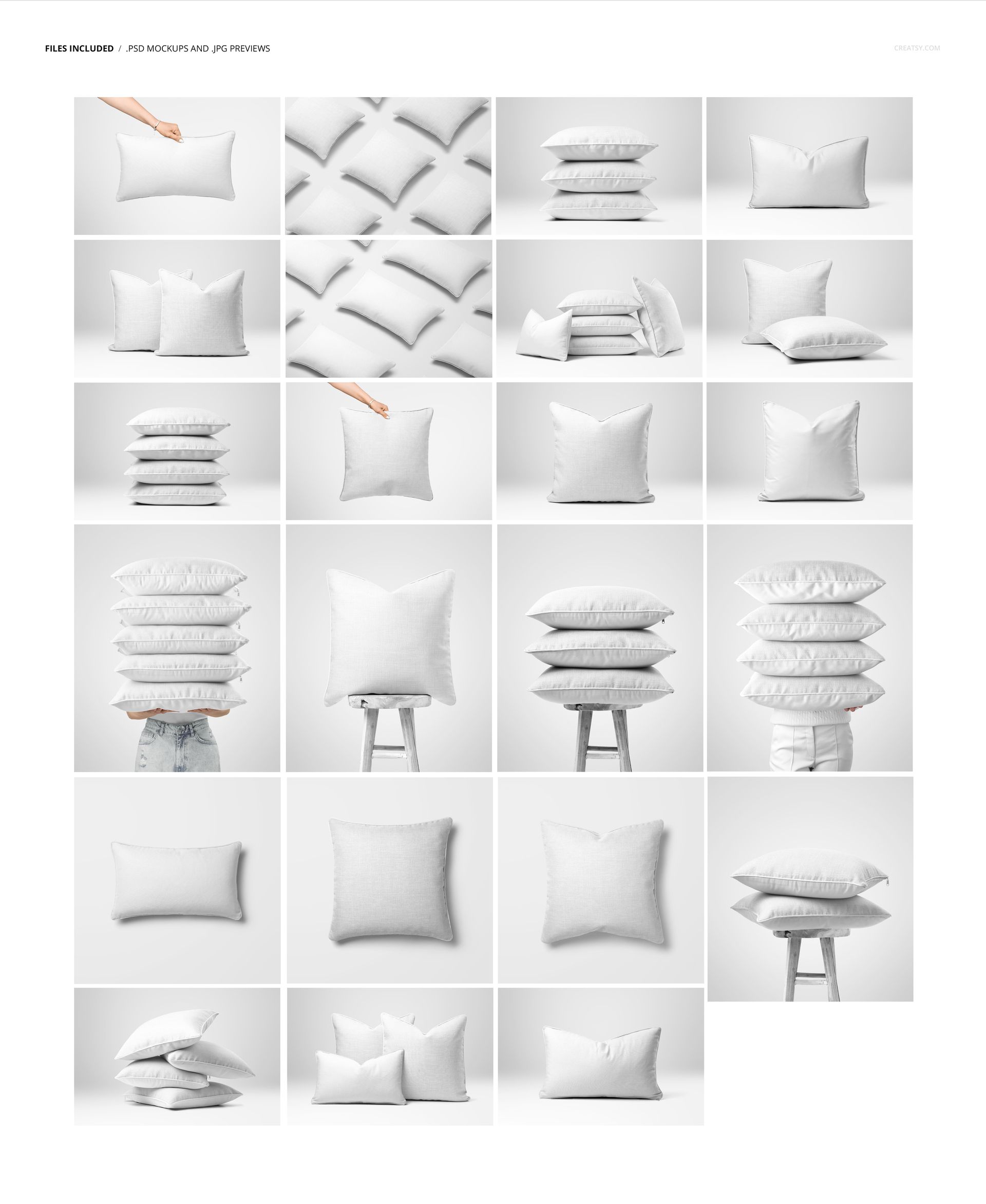 White piped cushions mockup displayed in different positions, including stacked and single, on a plain surface.