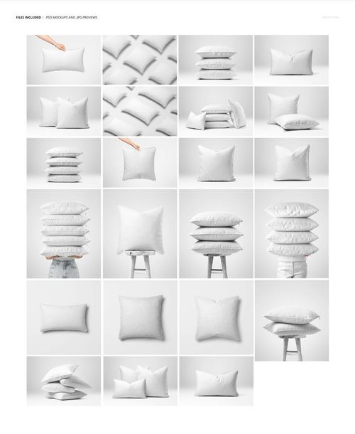 White piped cushions mockup displayed in different positions, including stacked and single, on a plain surface.