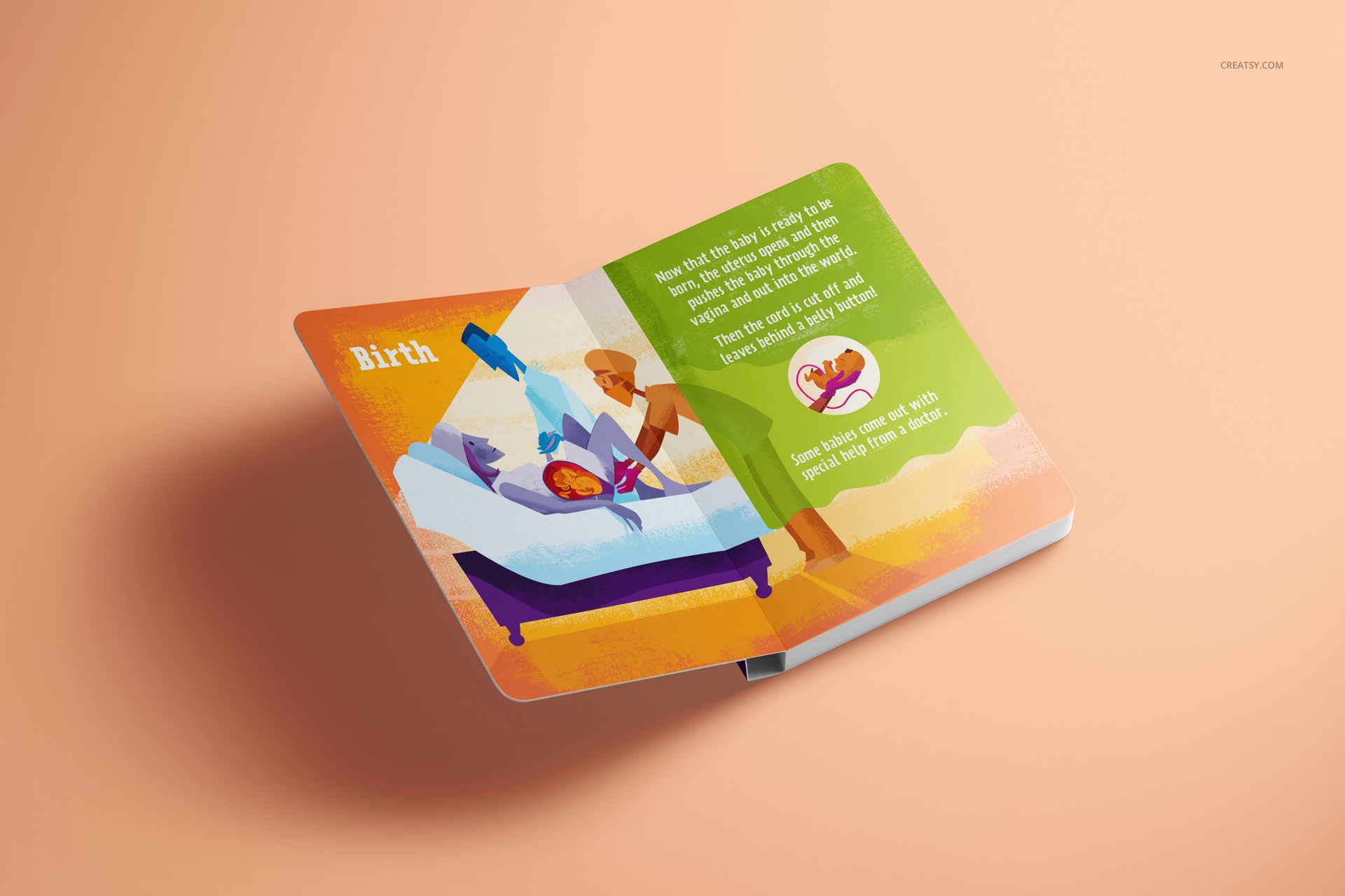 Board book mockup displayed open on a peach background, featuring vibrant artwork and descriptive text.