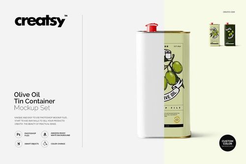 Front view of an olive oil tin container mockup with a custom label, white body, and red cap on a light background.