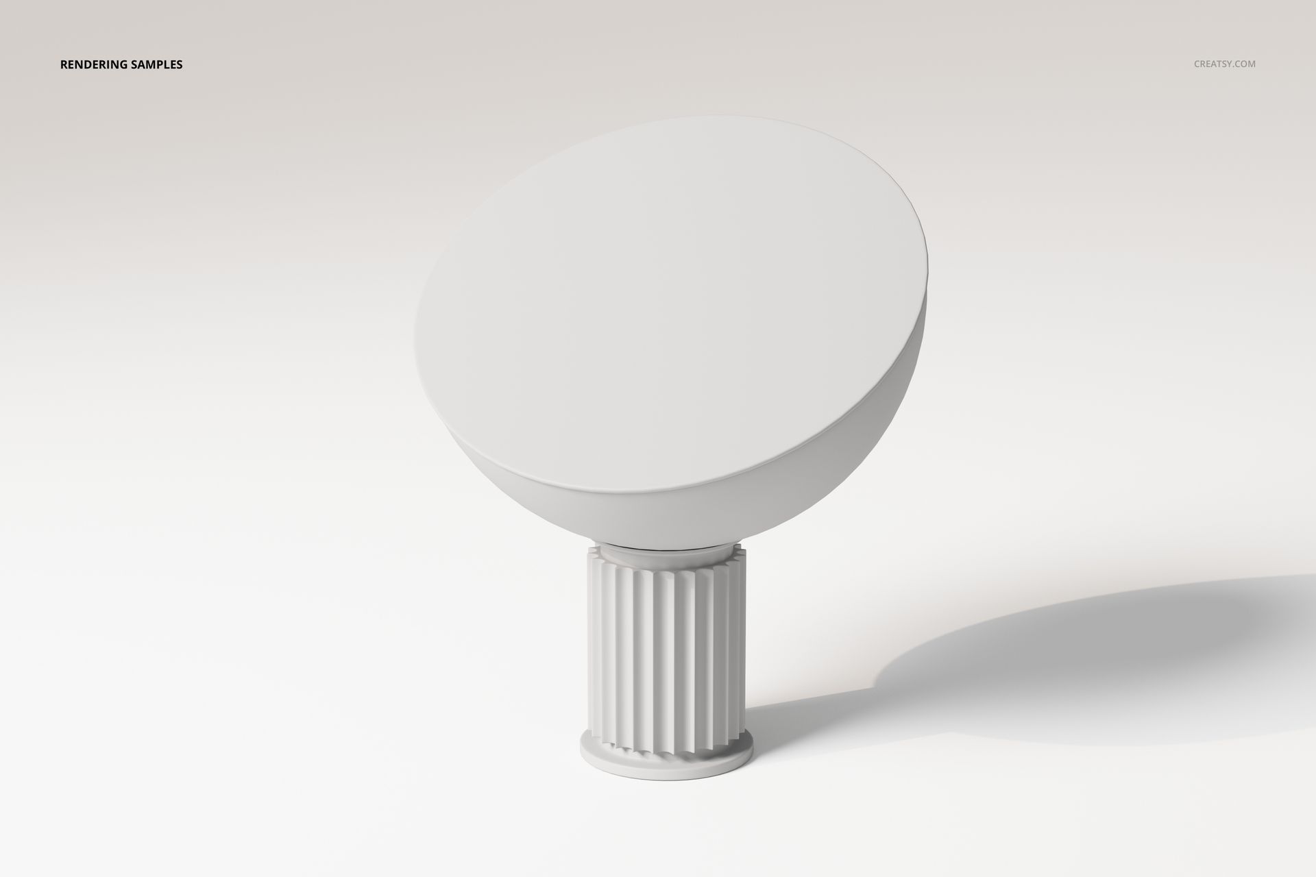 Modern table lamp with a wide circular shade and ribbed cylindrical base, shown in a minimalist white setting, front view.