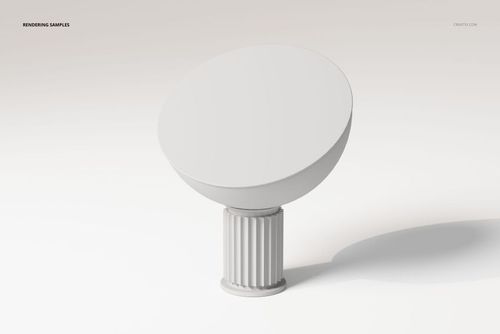 Modern table lamp with a wide circular shade and ribbed cylindrical base, shown in a minimalist white setting, front view.