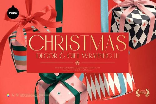 PSD mockup showing festive gift boxes in various shapes and colors, decorated with ribbons and holiday patterns.