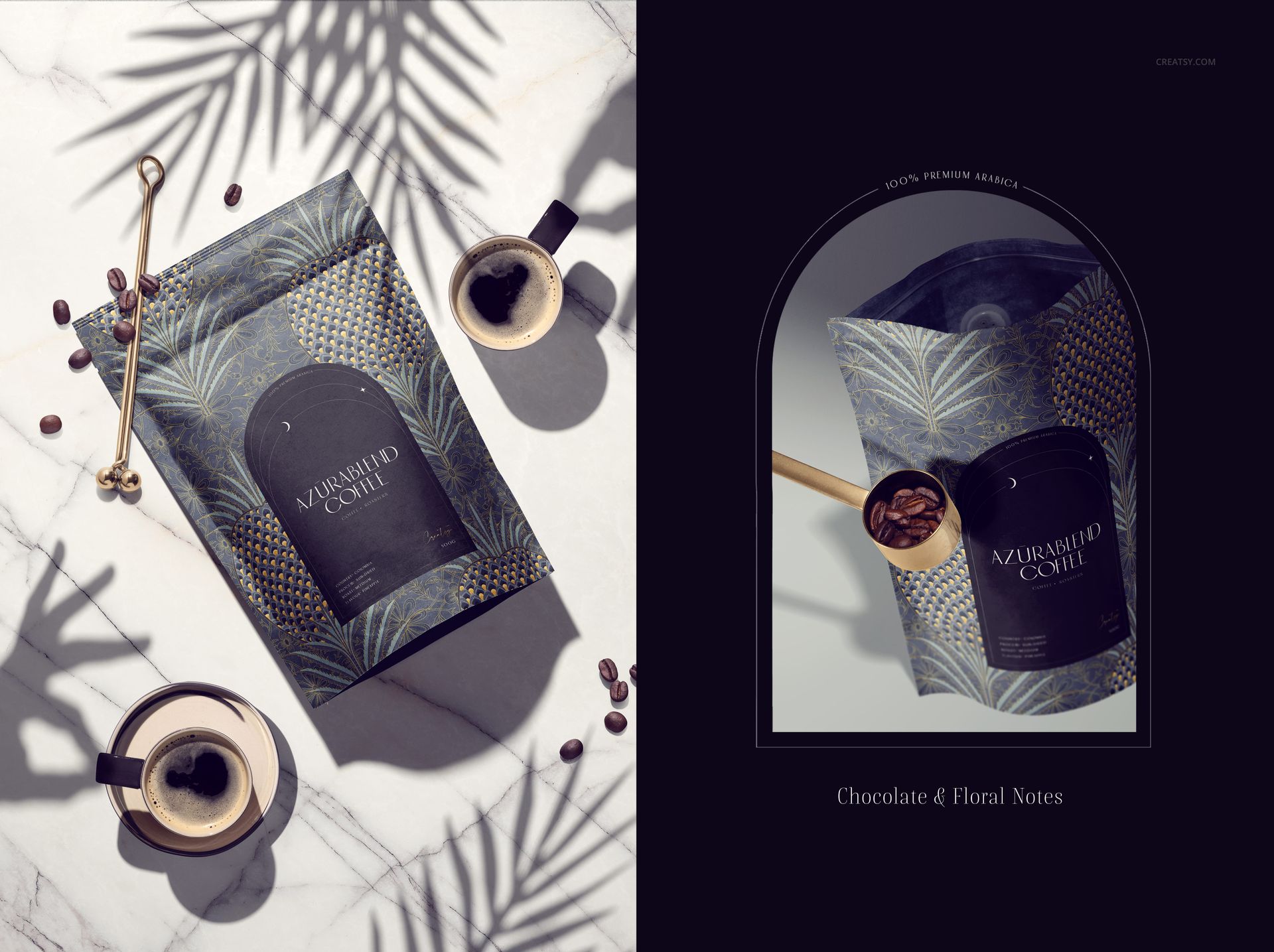 PSD mockup showing a coffee bag with intricate leaf and dot patterns, surrounded by coffee cups and beans on marble.