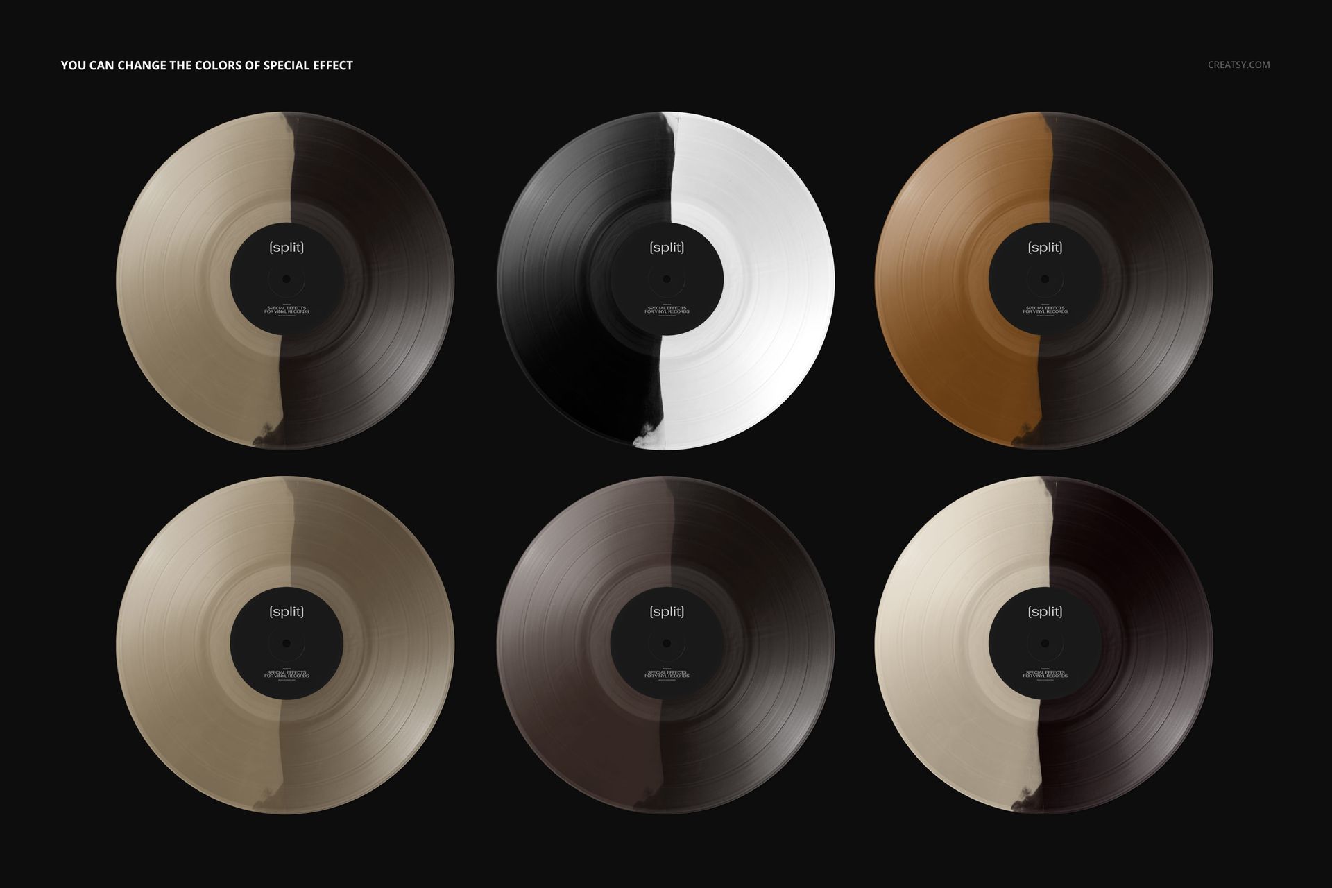 PSD mockup showing six split-effect vinyl records and covers, each featuring contrasting color halves in a grid.