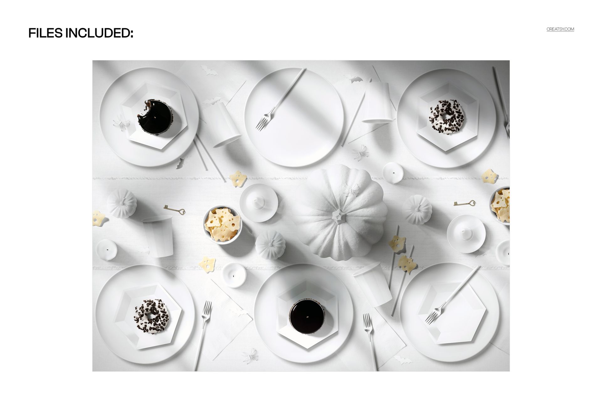 Top view of a Halloween table setup mockup with white plates, pumpkin centerpiece, and monochrome decorations.