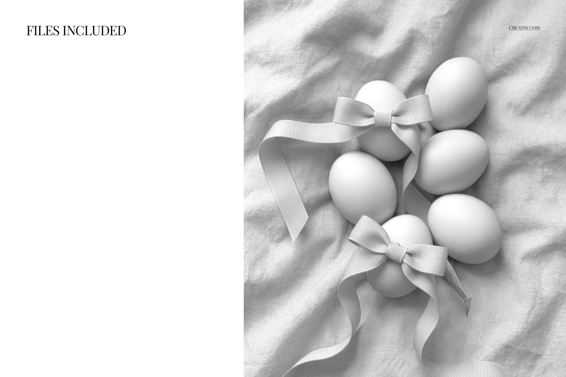 Six Easter eggs with decorative bows arranged on textured fabric, shown from a top view in a PSD mockup scene.