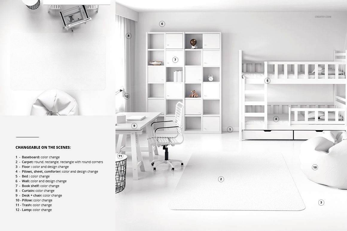 Kids room carpet mockup showing a rectangular white rug with rounded corners in a modern, bright bedroom scene.