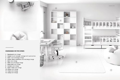 Kids room carpet mockup showing a rectangular white rug with rounded corners in a modern, bright bedroom scene.