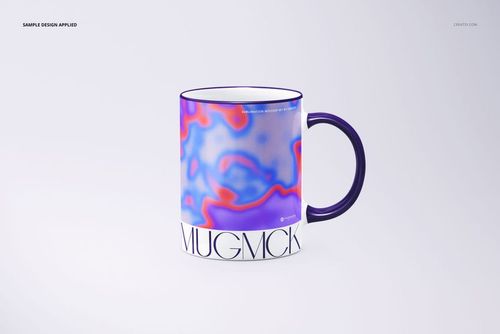Front view of a sublimation mug mockup featuring a colorful swirling design and dark handle on a light surface.