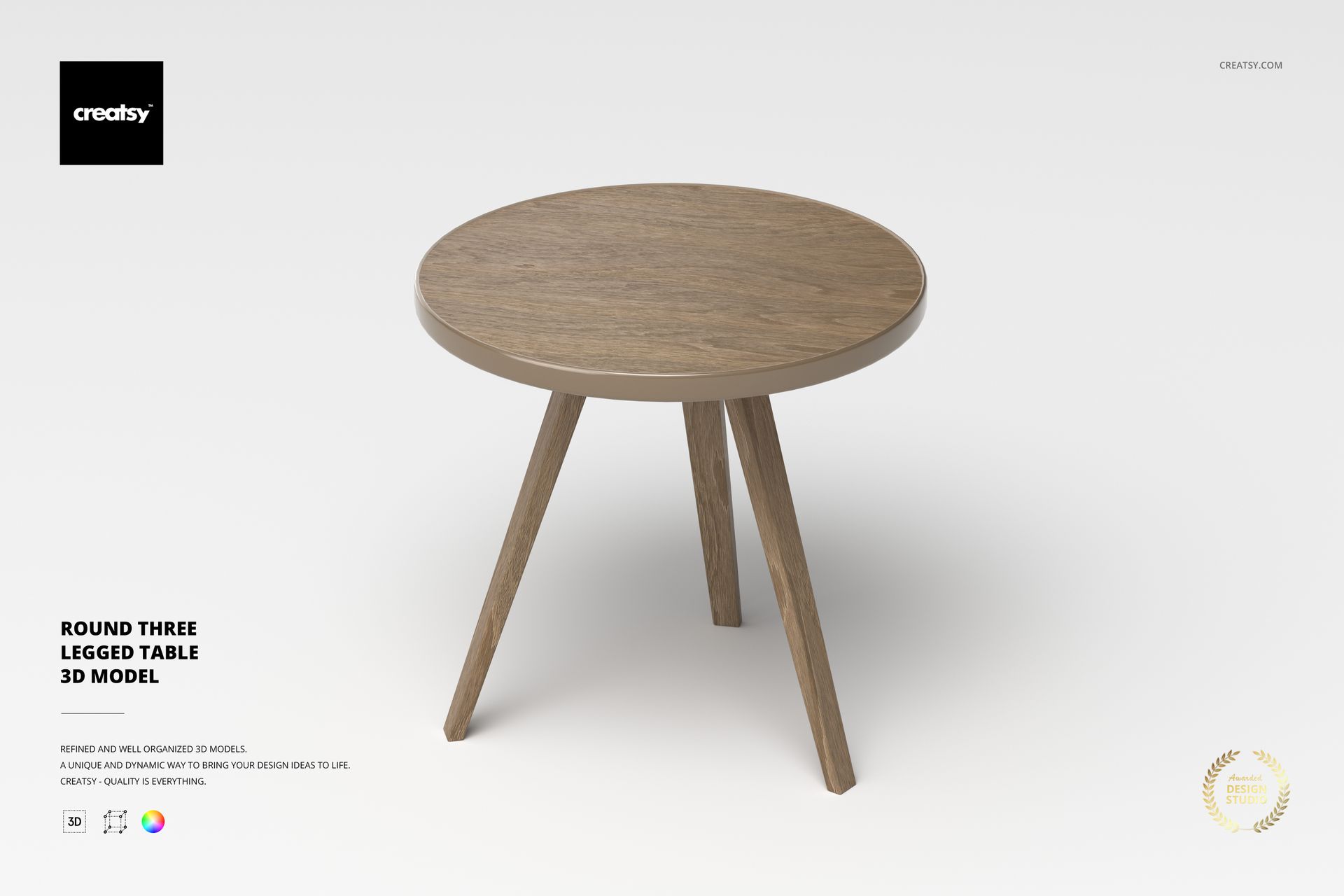 Round three legged table with a wooden surface and angled legs, shown from a slightly elevated front view on a light background.