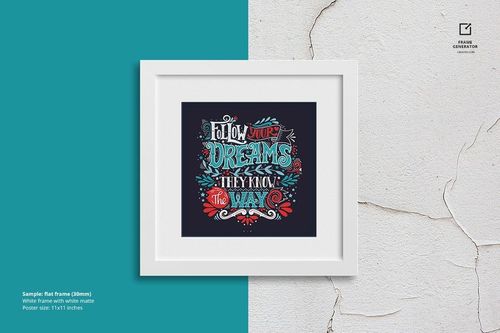 Mockup of a square white frame with white matte featuring decorative text artwork, placed on dual-tone wall surfaces.