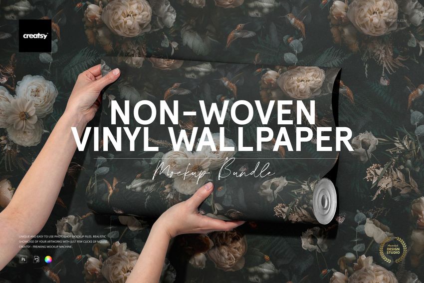 Mockup of non-woven vinyl wallpaper unrolled on a surface, showing intricate flowers and birds in dark tones.
