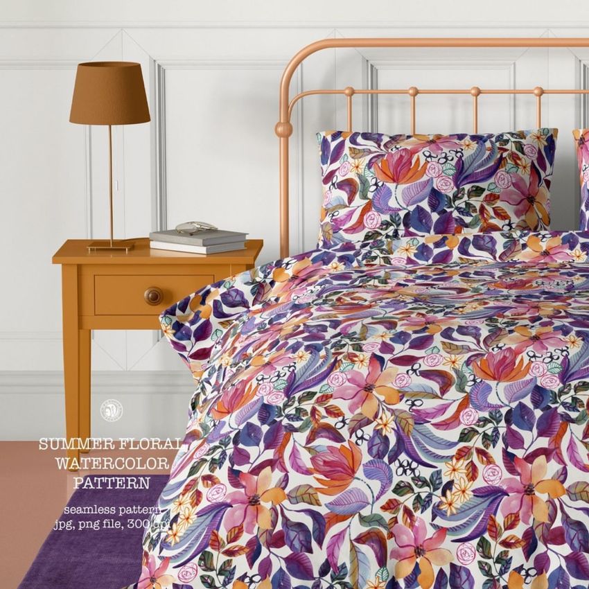 Vintage bedroom bedding mockup featuring a colorful floral duvet and pillows on a metal bed frame with an orange nightstand.