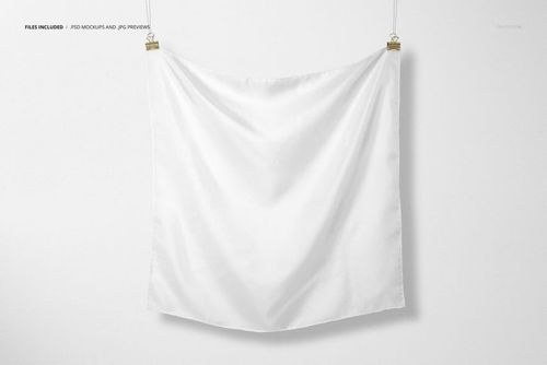 Square silk scarf mockup hanging against a white wall, shown from the front with slight fabric folds visible.