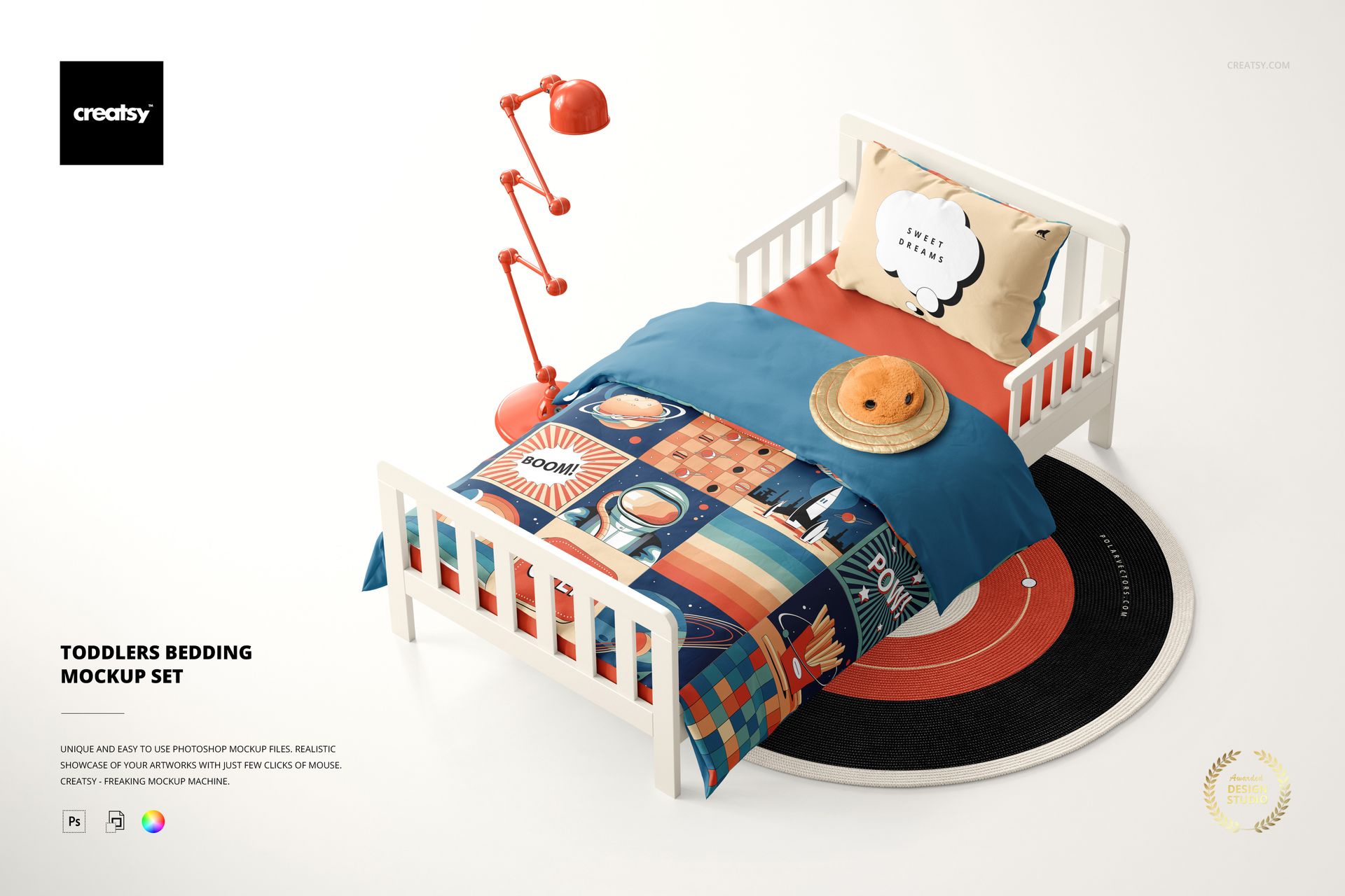 PSD mockup scene showing a toddler bed with multicolored bedding, playful pillows, and a modern lamp beside the bed.