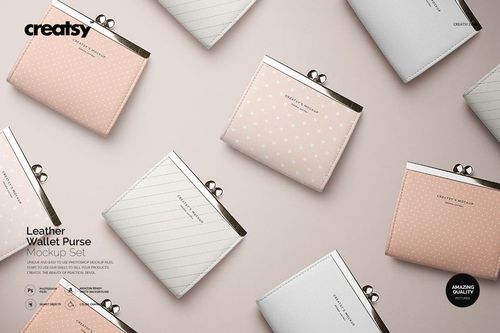 PSD mockup of leather wallet purses in pastel shades, showing various patterns and metallic clasps on a light background.