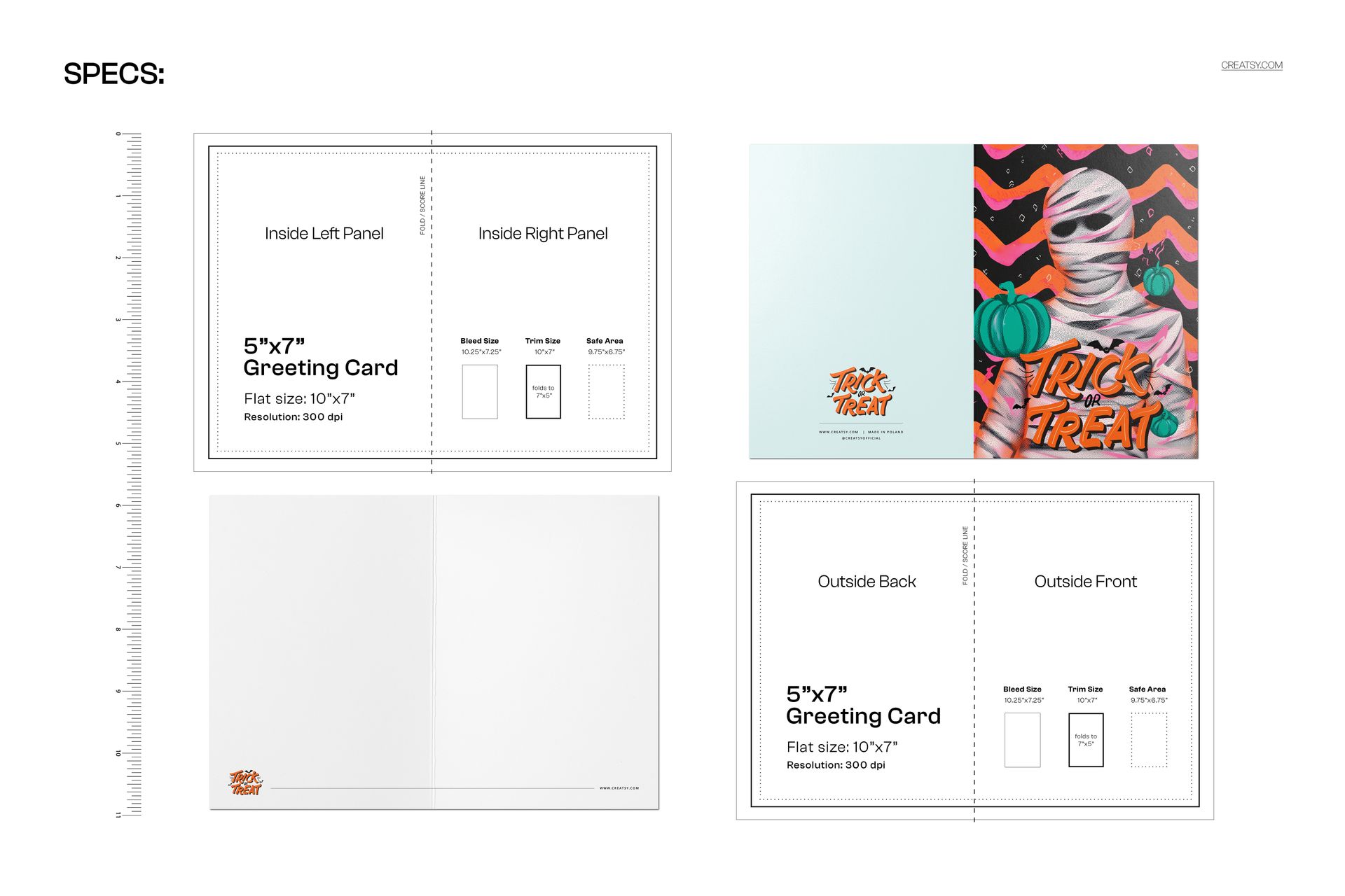 Front and back views of a 5x7 greeting card mockup featuring a white wrapped mummy with Halloween pumpkins and zigzag background.
