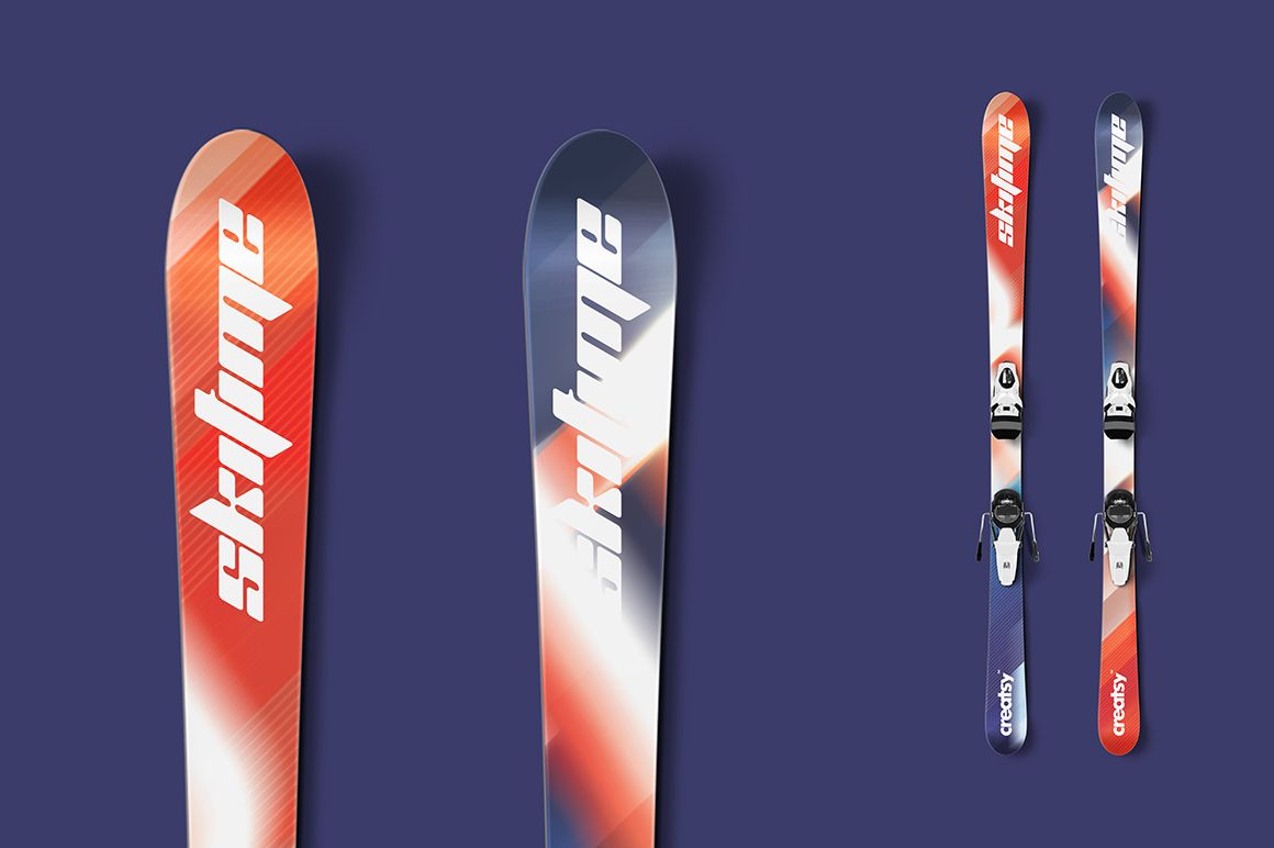 Ski mockup showing detailed tops and full pairs with abstract white and colored stripes, set on a dark background.