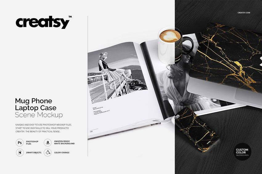 PSD mockup scene featuring a marble design mug, phone case, and laptop case next to a cup of coffee and magazine.