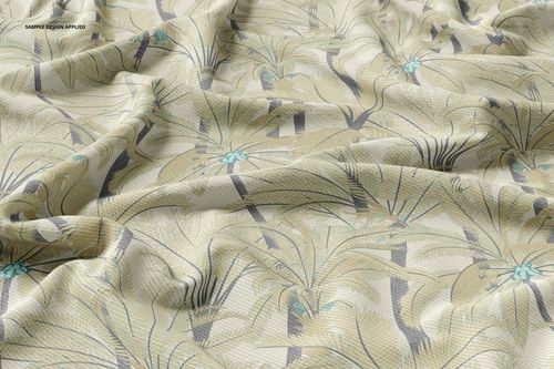 Rib knit fabric mockup featuring a light beige base with a palm tree pattern, shown from a top view with natural folds.