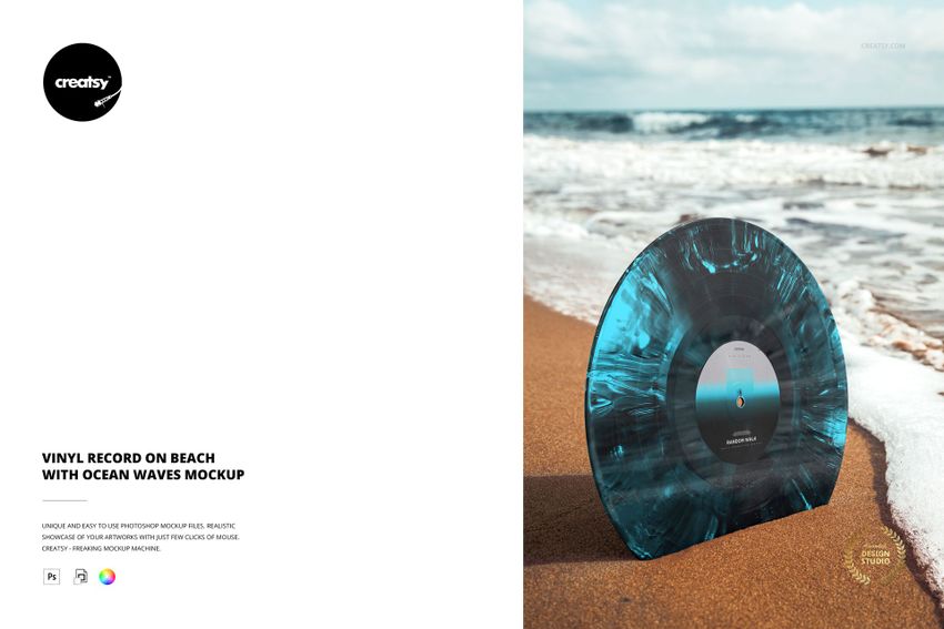 PSD mockup showing a vinyl record with turquoise and black swirls positioned on a shoreline beside gentle waves.