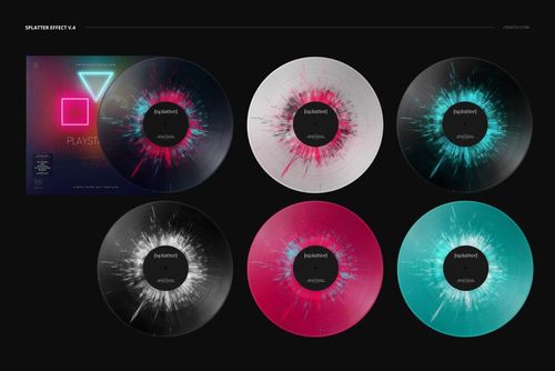 PSD mockup set displaying six vinyl records with unique splatter effects and a geometric neon cover artwork, all arranged side by side.